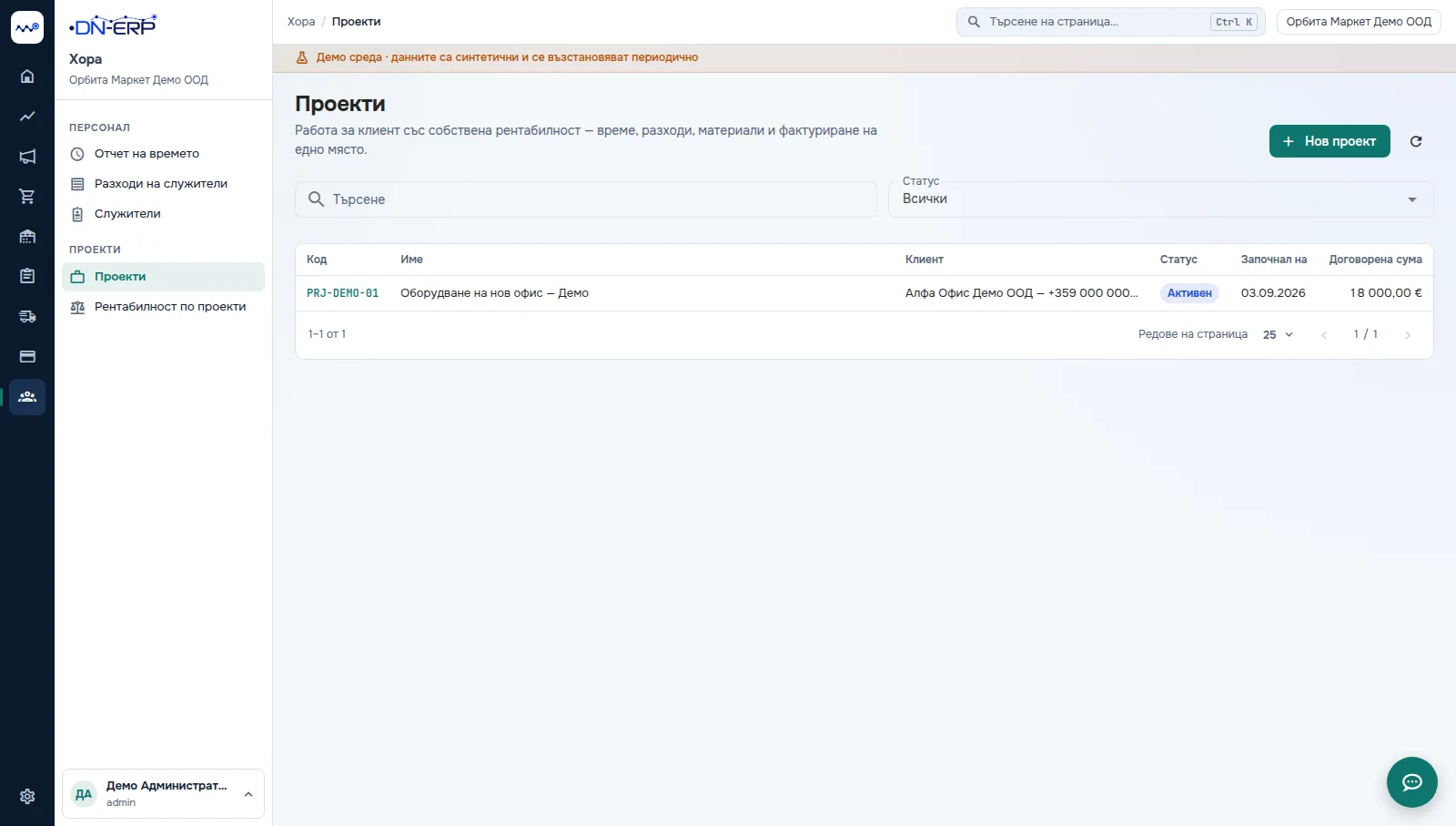 Реален екран от DN-ERP: Управление на проекти