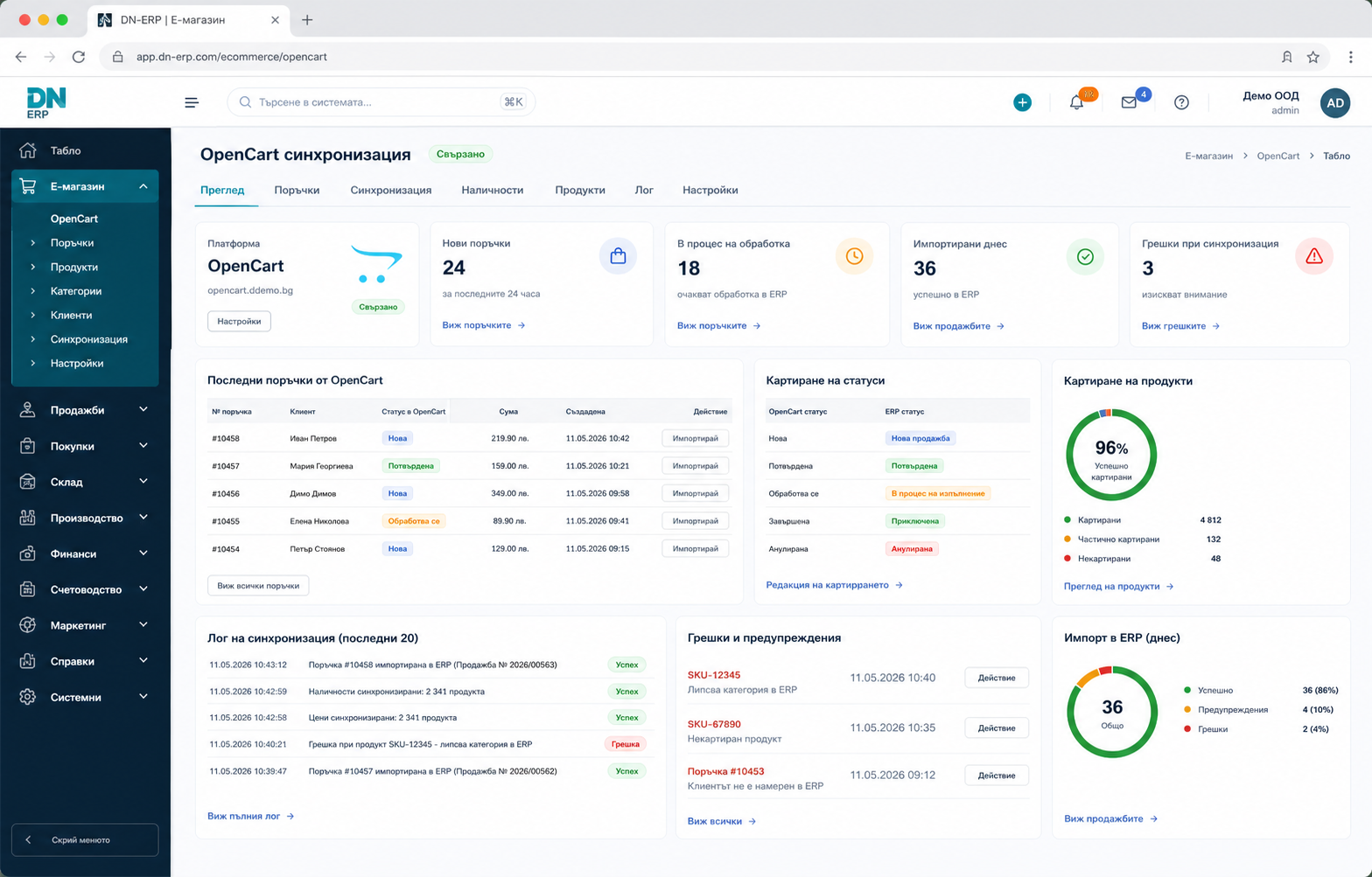 DN-ERP OpenCart синхронизация с поръчки, статуси и наличности